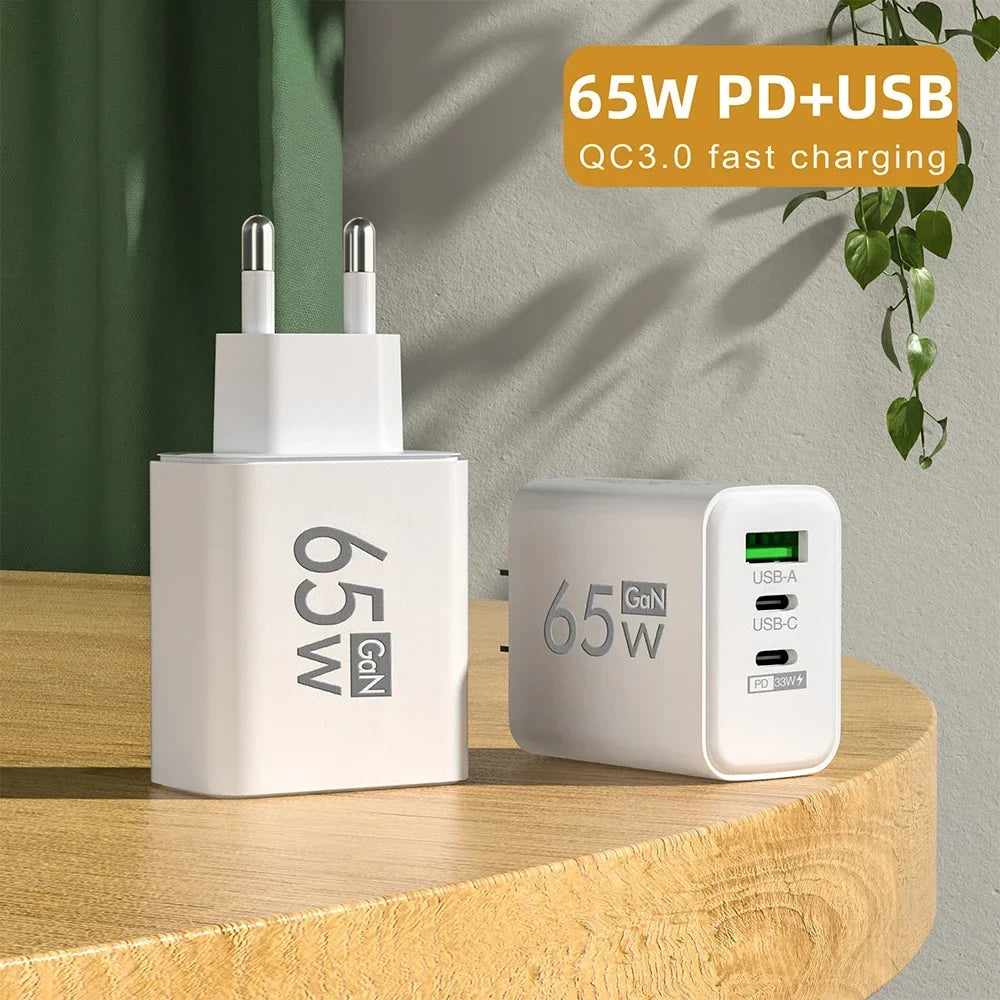 65W GaN USB-C Wall Charger – 3 Port PD 3.0 Fast Charger