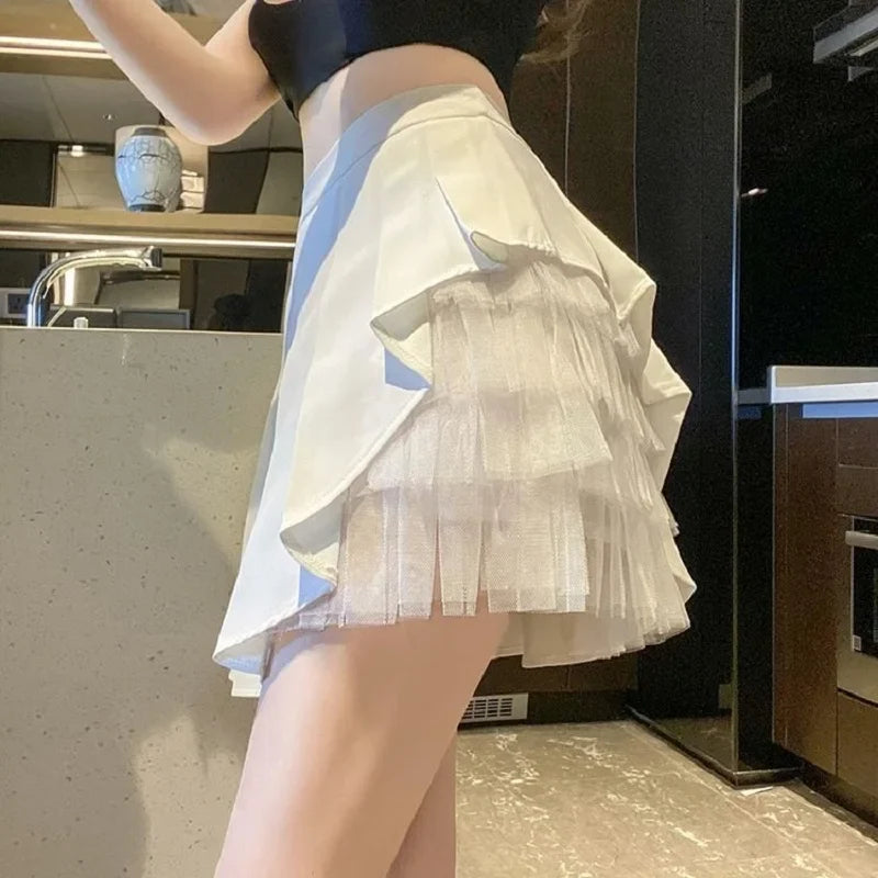 Women's Mesh Pleated A-Line Mini Skirt – High Waist Korean Style