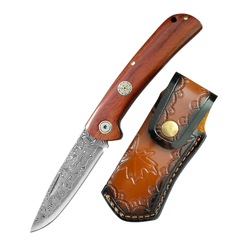 Damascus Steel Folding Knife – Sharp Wood Handle Kitchen Knife