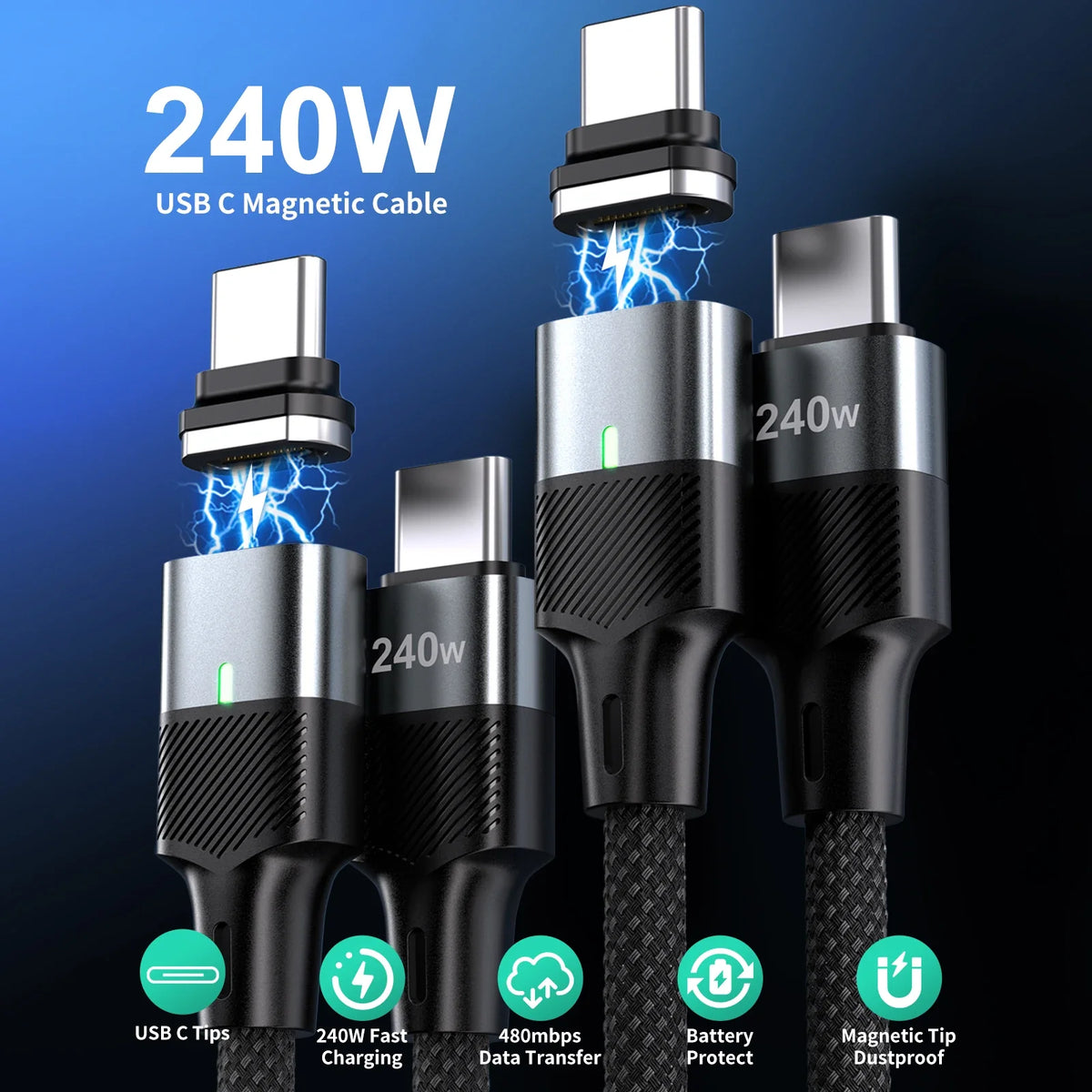 240W Magnetic USB-C Cable with Dust Plug | Fast Charging