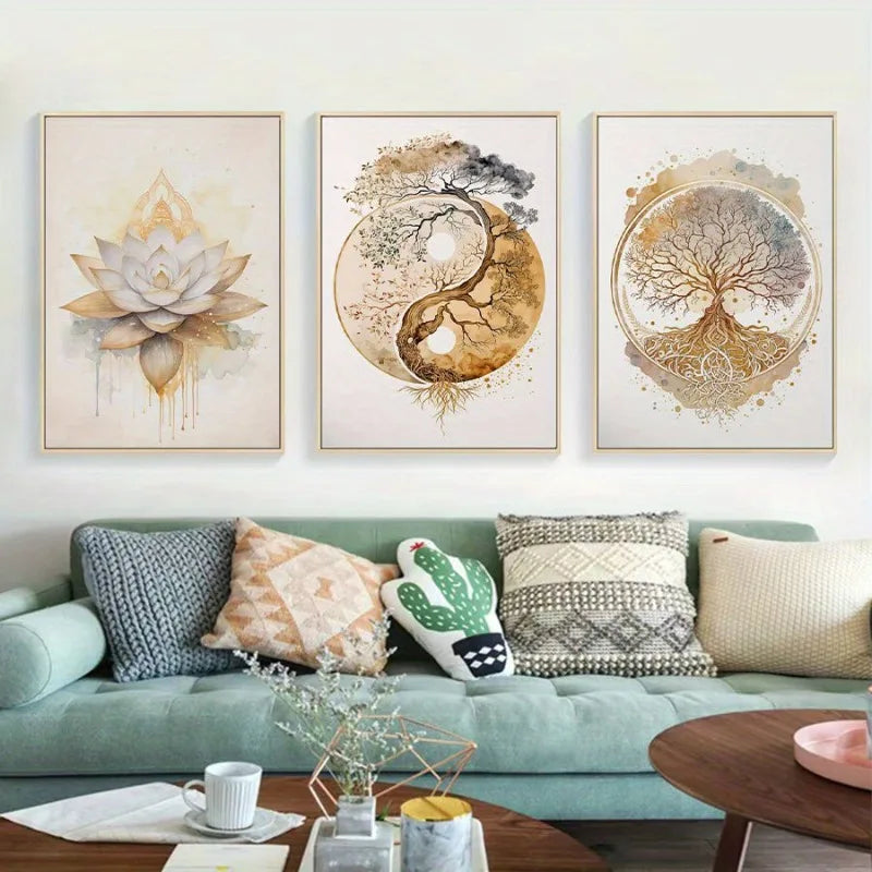 3-Piece Bohemian Lotus & Tree of Life Canvas Wall Art Prints