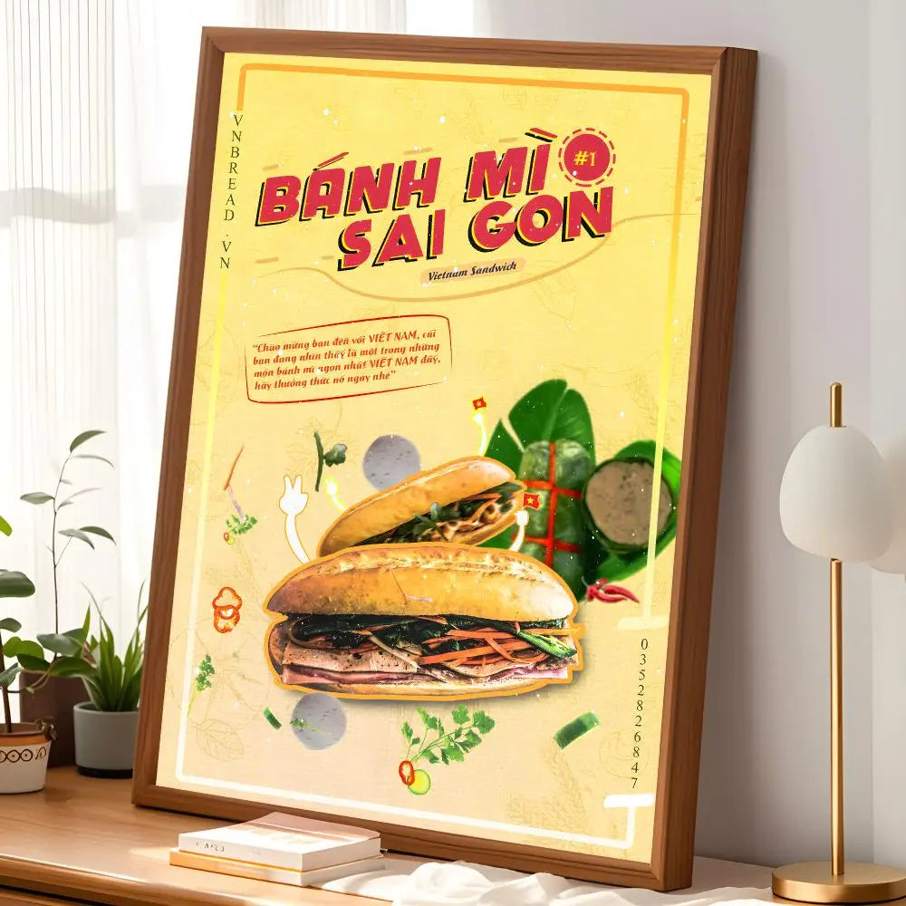 Vietnam Food Art Wall Poster – Banh Mi & Pho Self-Stick Decor