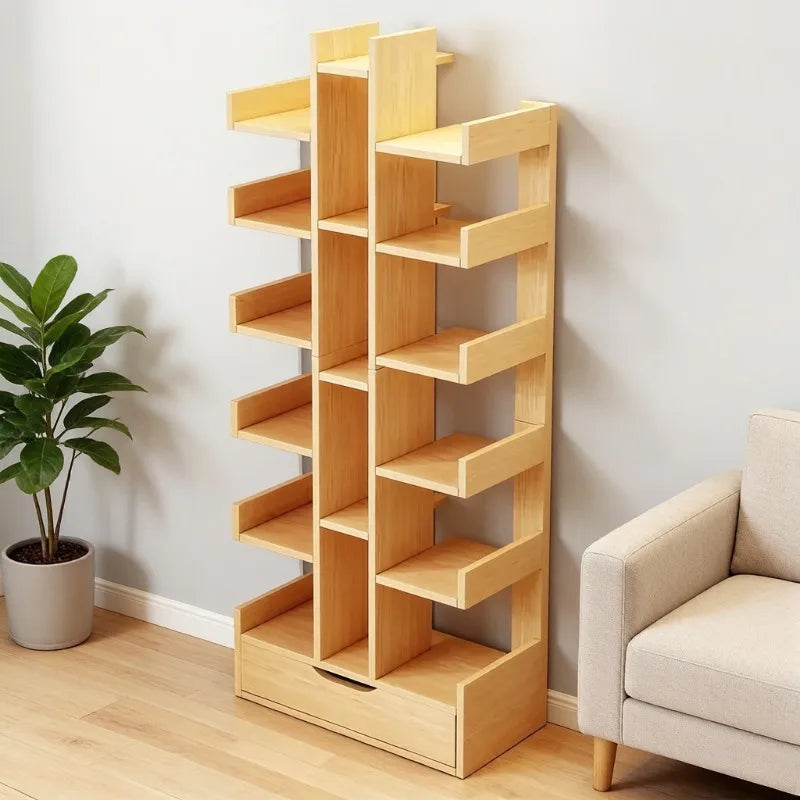 Modern Solid Wood Bookcase – Multi-Level Floor Standing Shelf