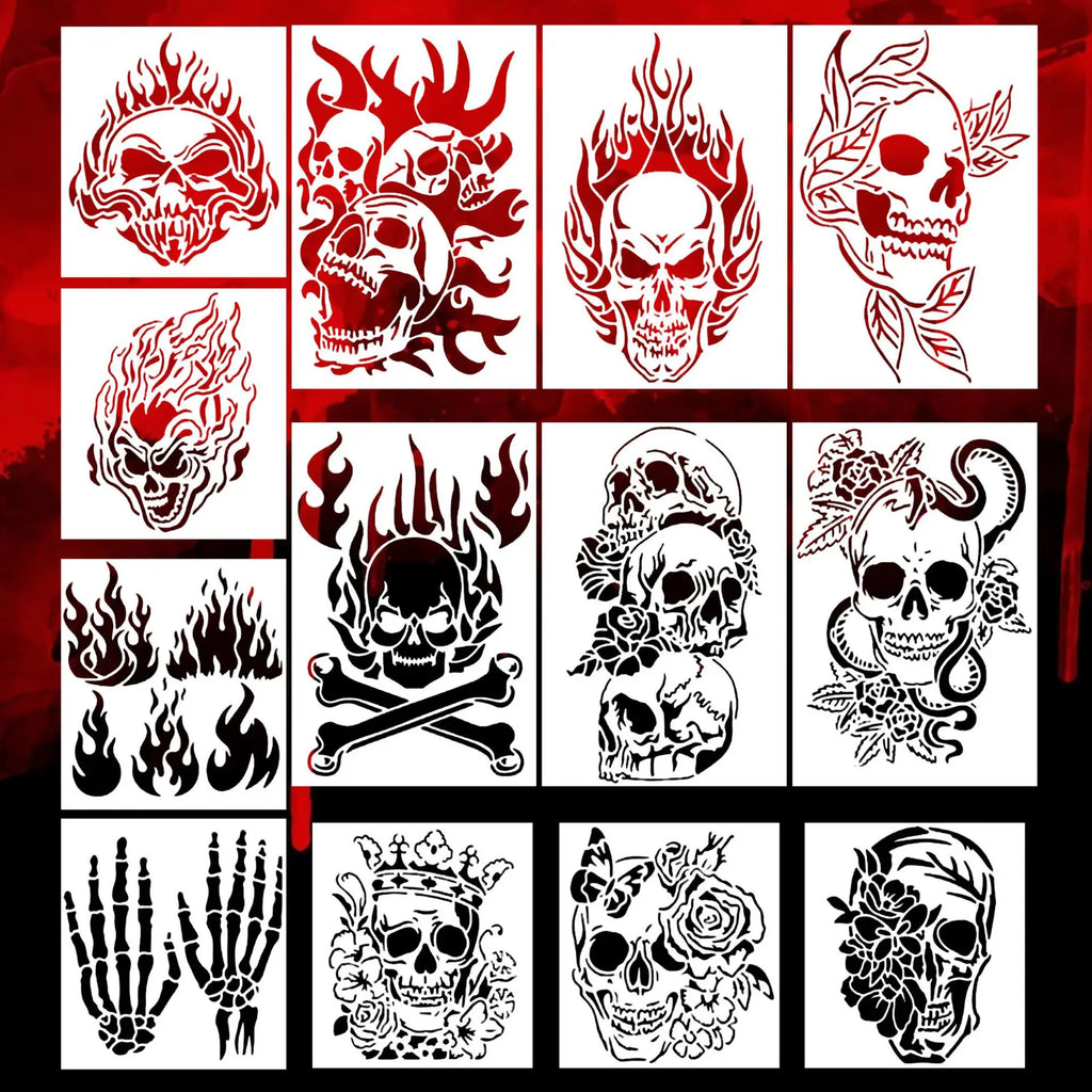 Bview Art 13-Piece Skull Painting Stencil PET Hollow Tracing Template