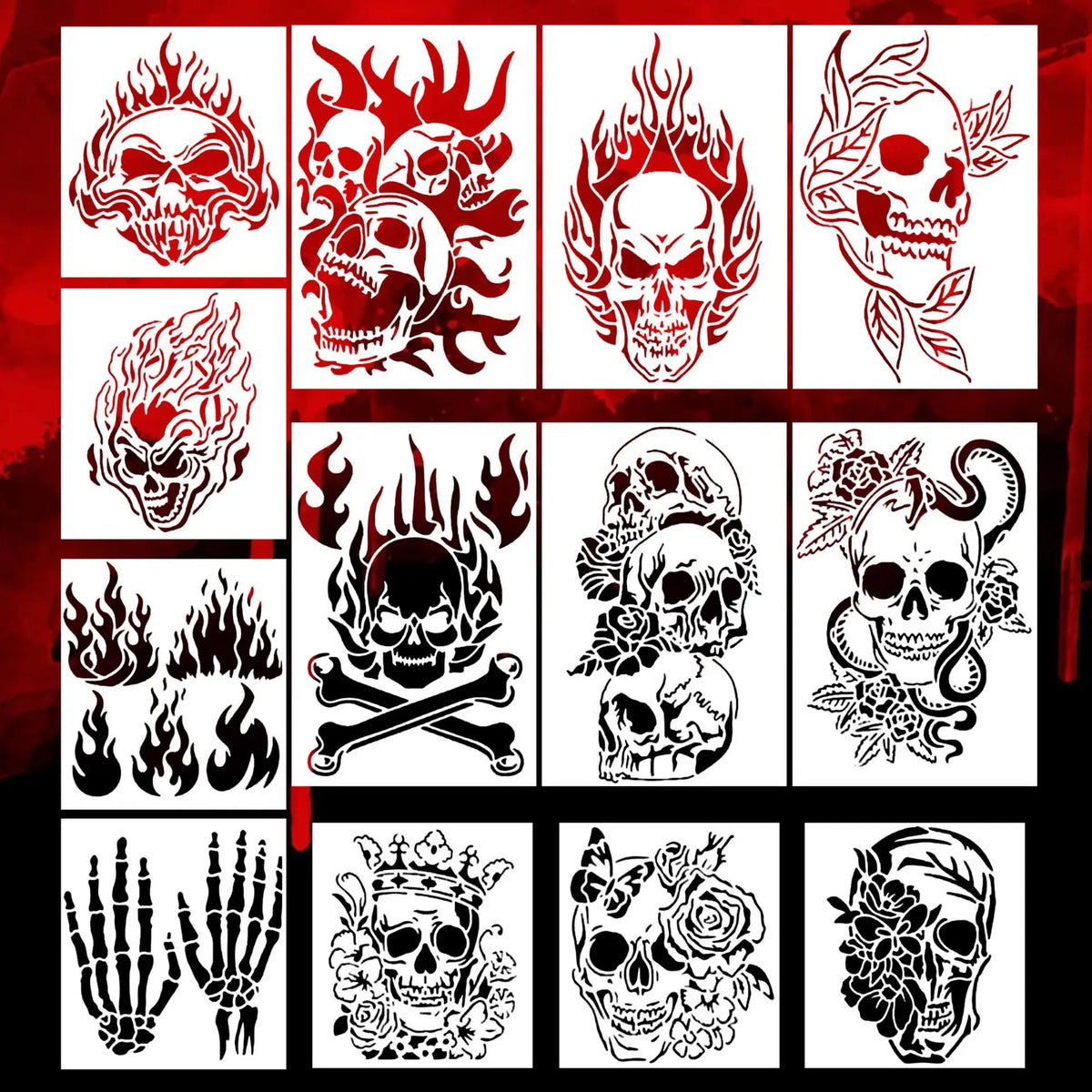 Bview Art 13-Piece Skull Painting Stencil PET Hollow Tracing Template