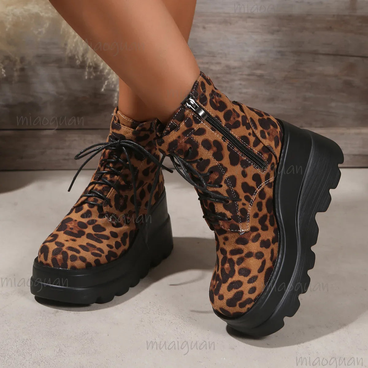 Women's Leopard Print Goth Ankle Boots | Chunky Wedge Heel