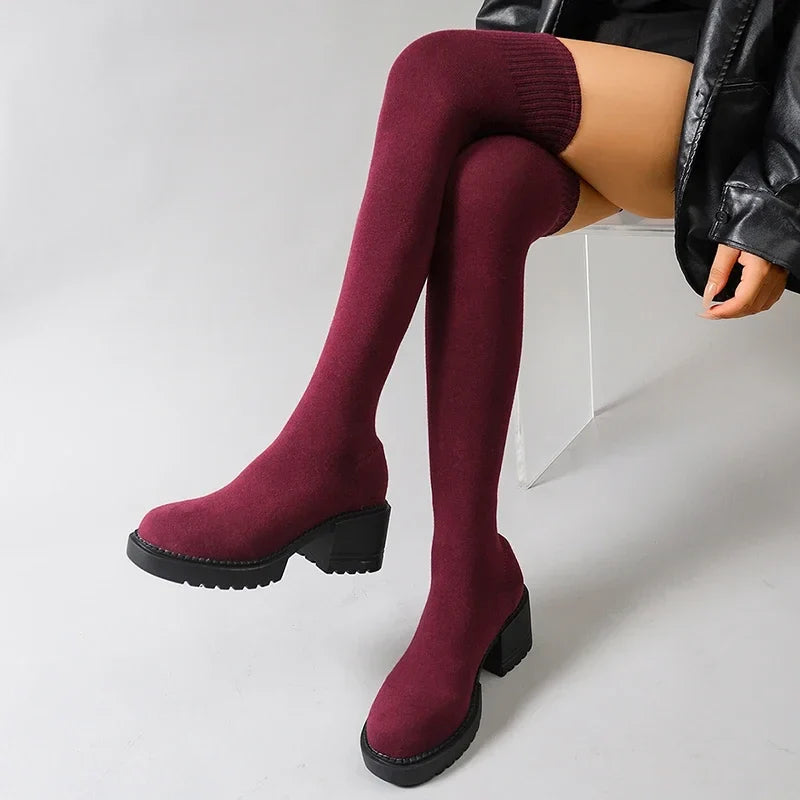 Women's Over-the-Knee Chunky Heel Stretch Knit Sock Boots
