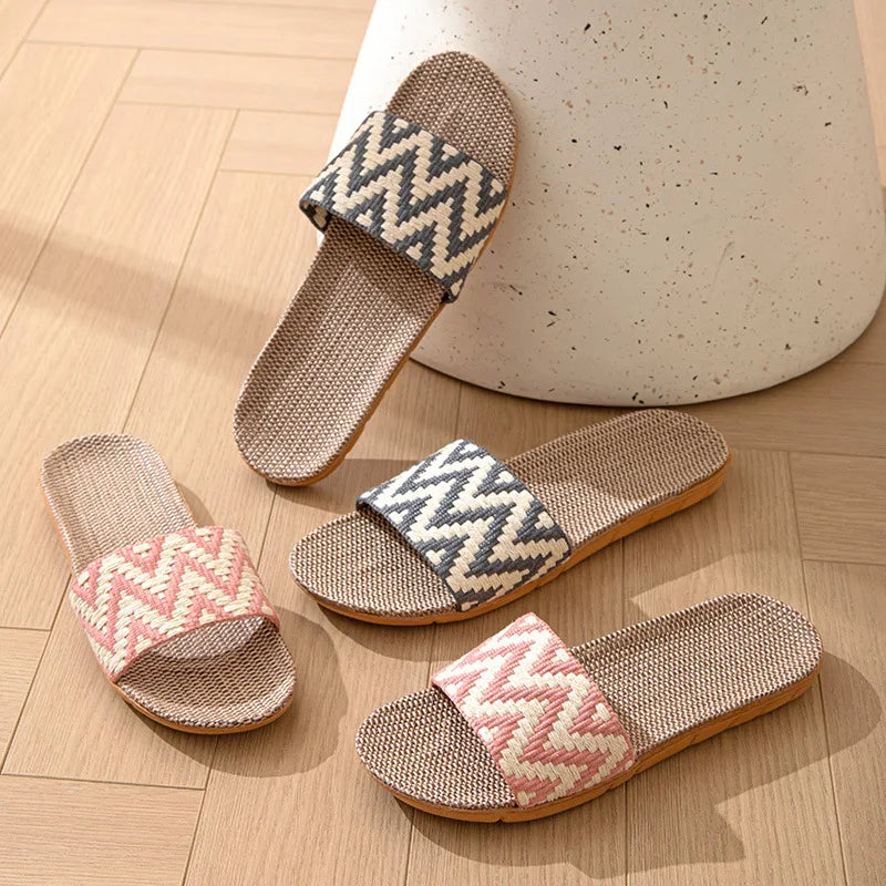 Women's Linen Indoor Slippers – Anti-Slip Thick Sole House Slides