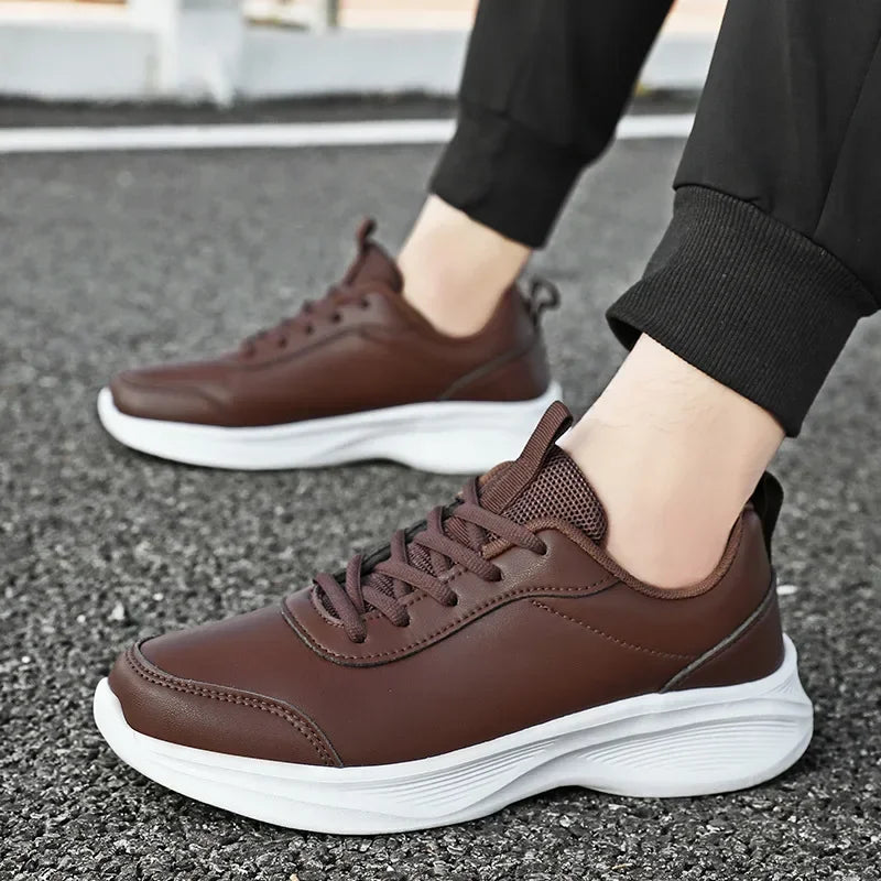 YBQJOO Men's PU Leather Casual Sneakers | Non-Slip Lace-Up