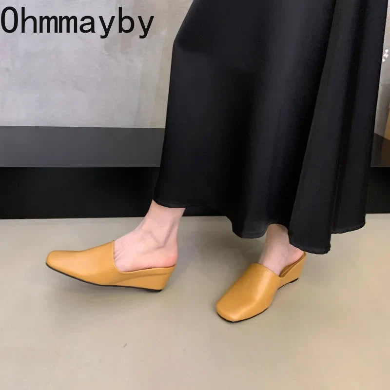 Women's Wedge Heel Mules – Square Toe Slip-On Slide Sandals