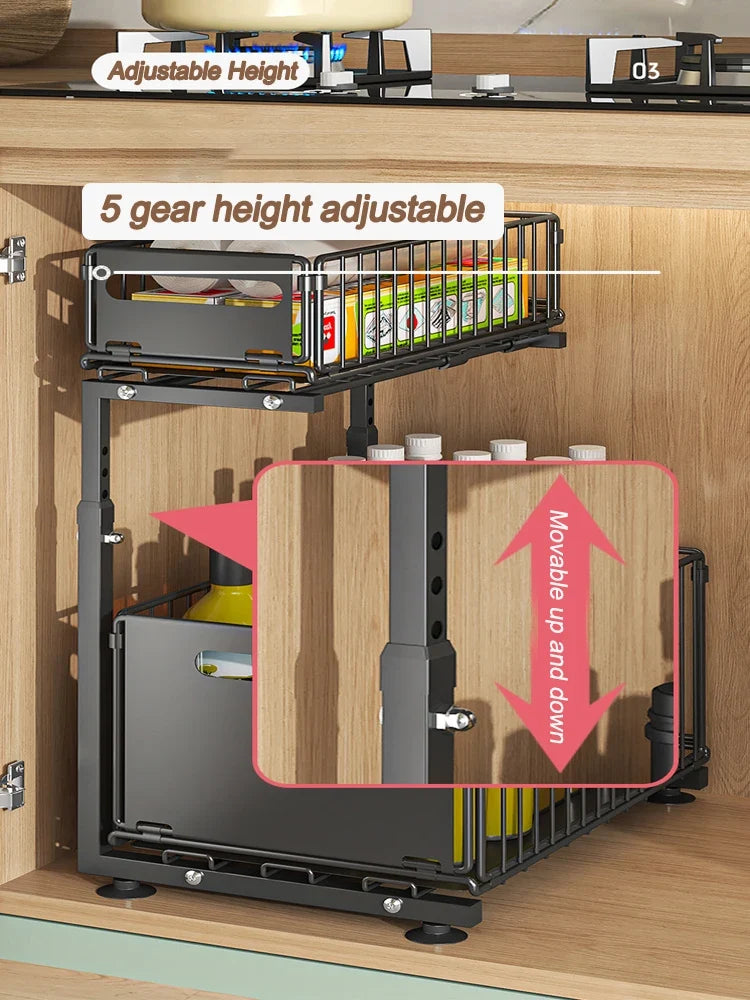 2-Tier Pull-Out Under Sink Organizer | Adjustable Sliding Shelf
