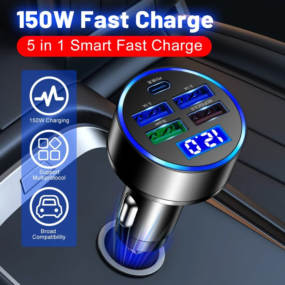 150W 5-Port Car Charger PD QC 3.0 Fast Charge Digital Display