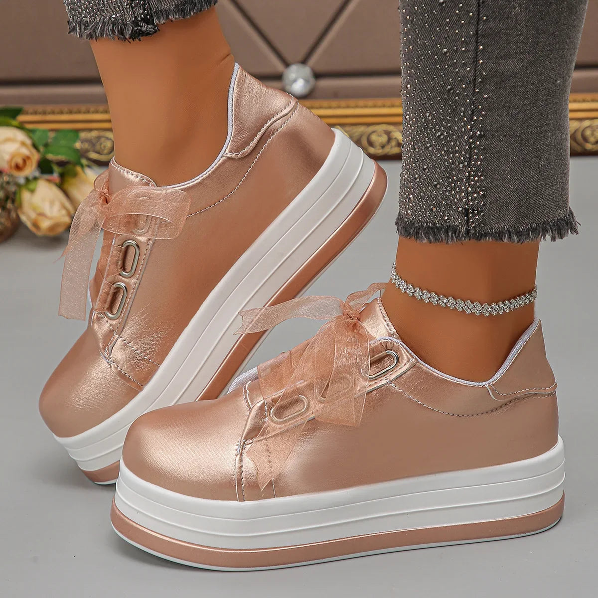 Women's Platform Sneakers – Lace-Up Casual Vulcanized Shoes