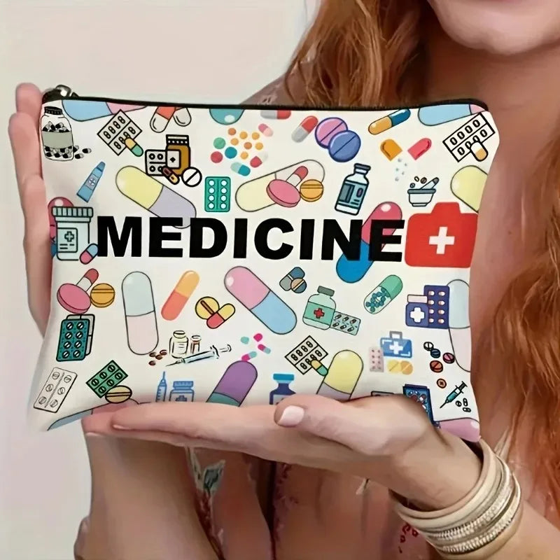 Medicine Themed Cosmetic Travel Bag Foldable Zippered Makeup