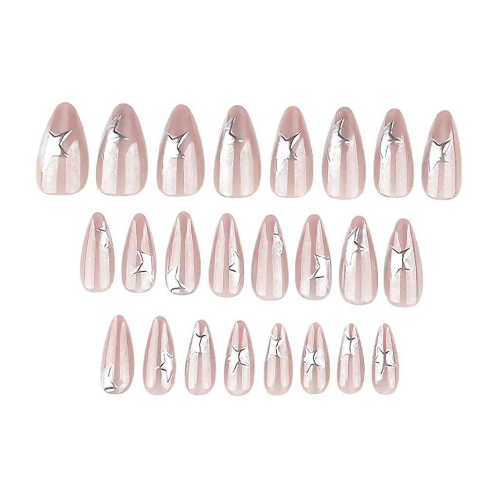 24pcs Y2K 3D Silver Star Press On Nails | Cat Eye Almond Glitter
