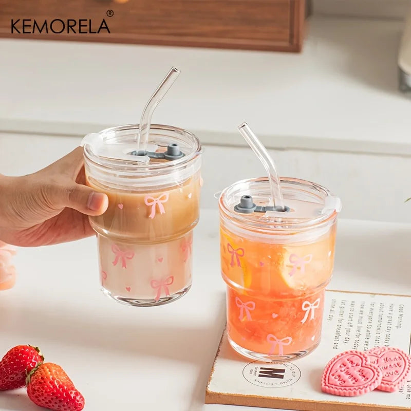 KEMORELA 380ml Pink Bow Glass Cup with Lid & Glass Straw