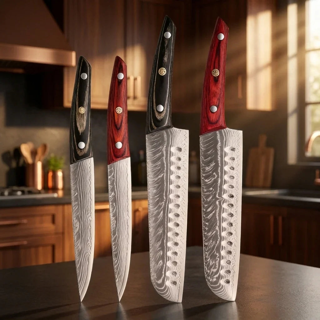 Damascus Steel Kitchen Knife Set – Sharp, Solid Wood Handle