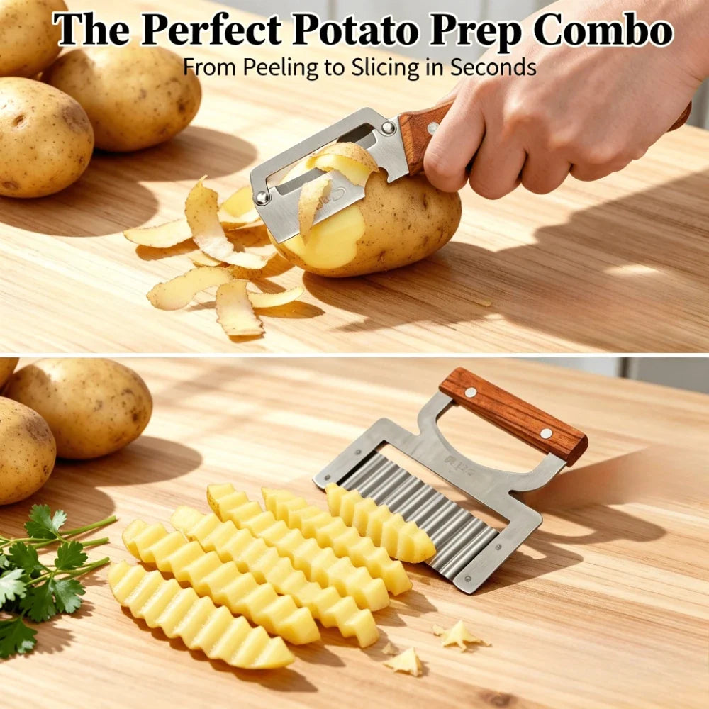 Wooden Handle Peeler & Wavy Cutter Set – Stainless Steel
