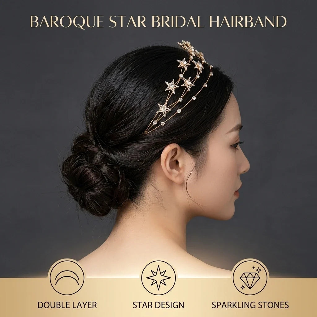 Baroque Star Rhinestone Bridal Headband | Gold Alloy Hairband