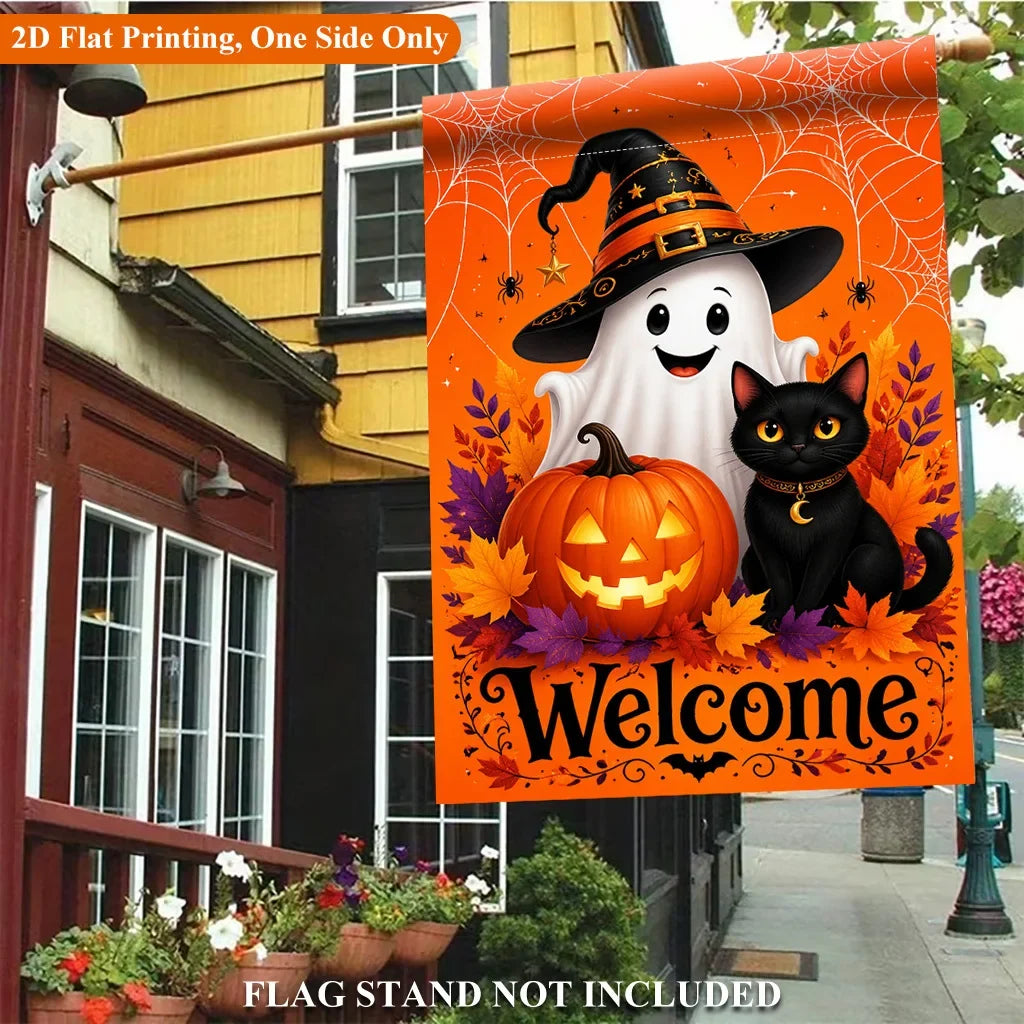 1 Halloween Pumpkin Black Cat Design Single-sided Garden Flag