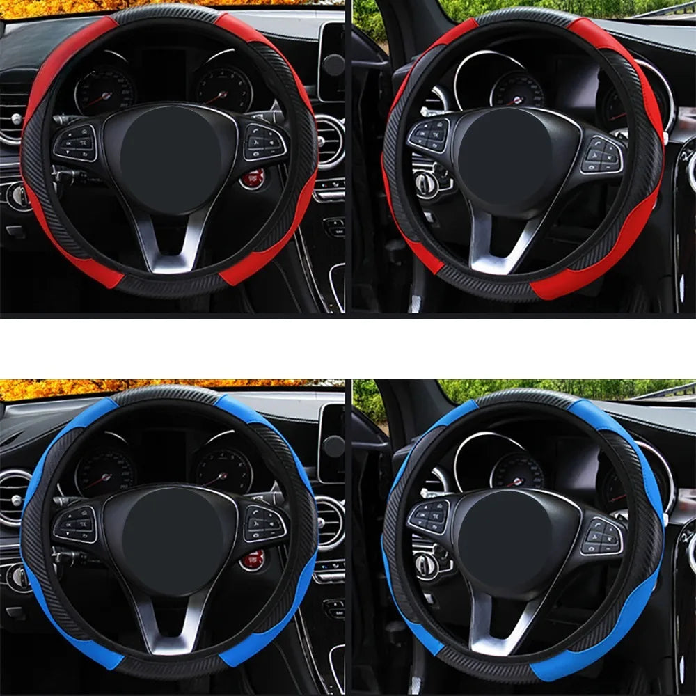 PU Leather Carbon Fiber Steering Wheel Cover 14.5–15 Inch