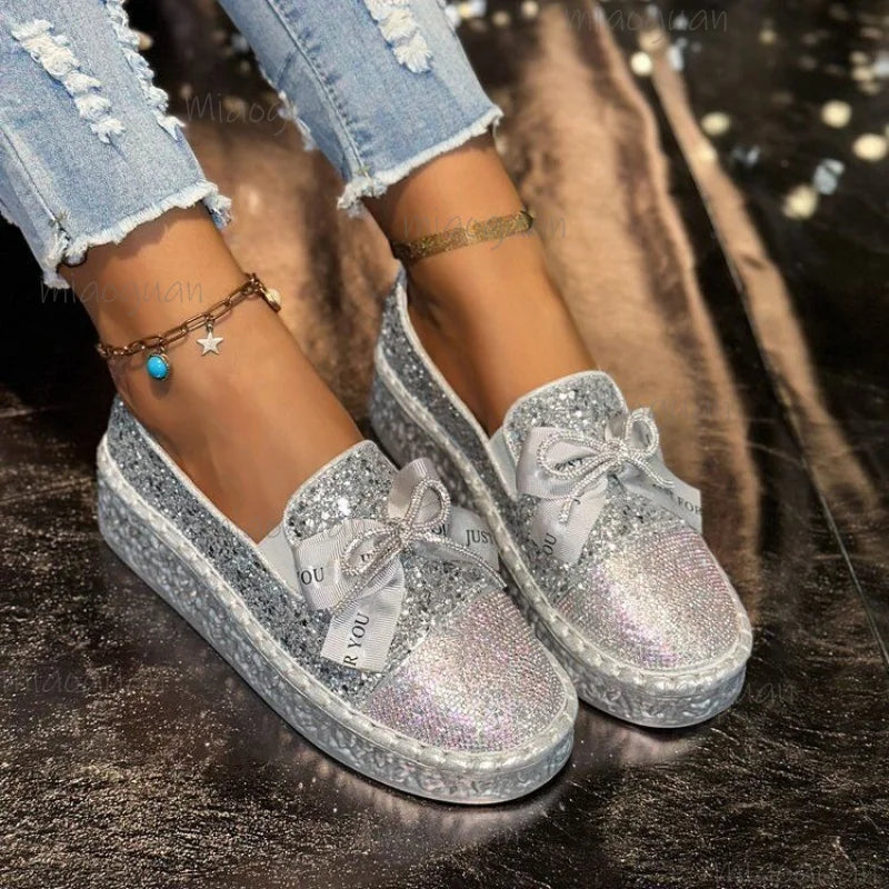 Women's Rhinestone Crystal Bowknot Loafers – Glam Flat Shoes