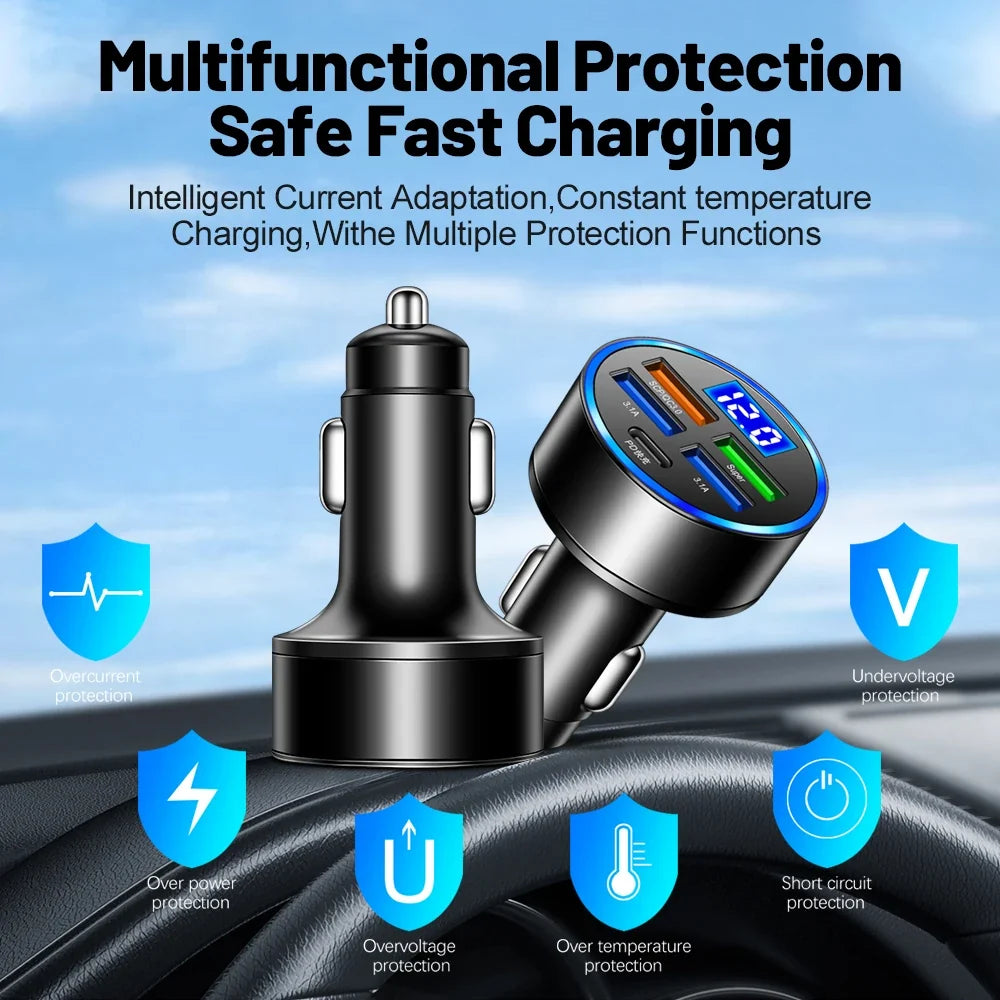 150W 5-Port Car Charger PD QC 3.0 Fast Charge Digital Display