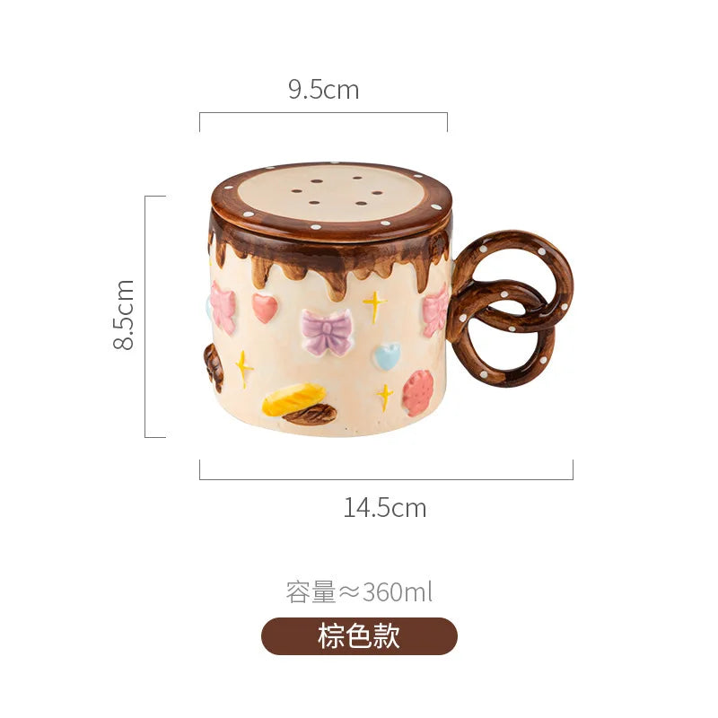 Hand-Painted Cake Ceramic Mug with Lid – Large Capacity Cup
