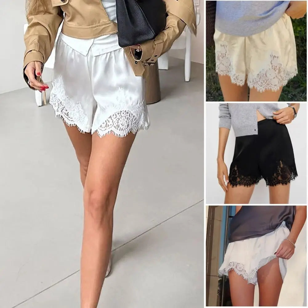 Women's Satin Lace Sleep Shorts – Elastic Waist Pajama Bottoms