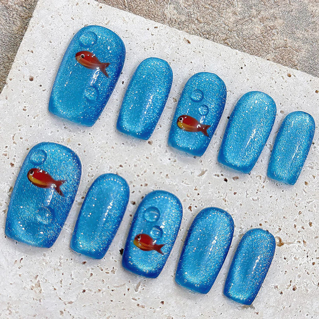 Handmade Press On Nails Goldfish Glitter Blue Cat Eye Ballet 10pc