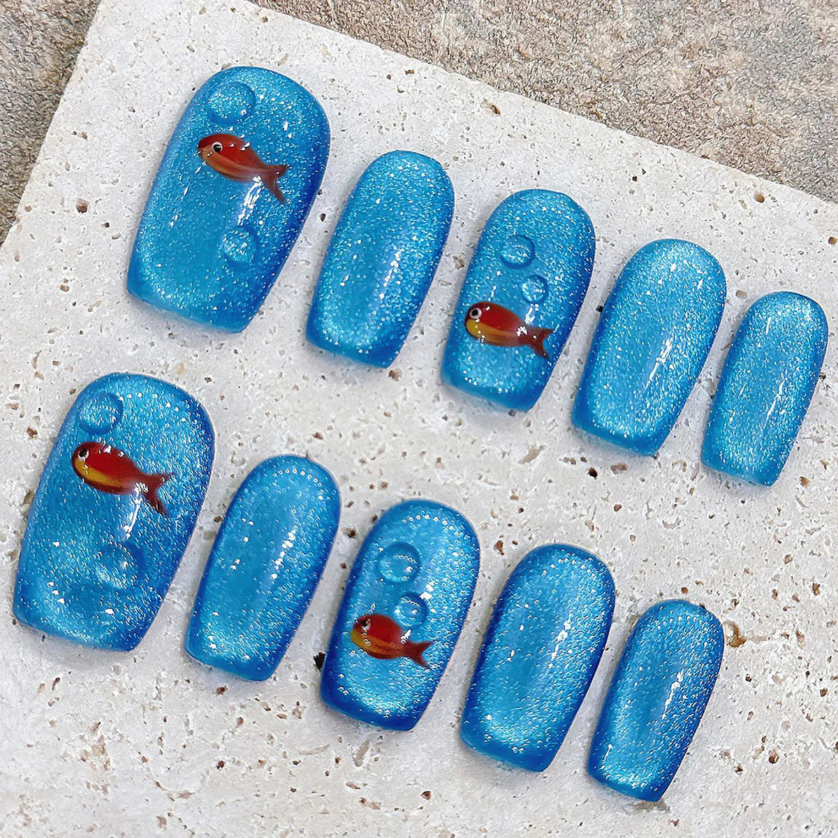Handmade Press On Nails Goldfish Glitter Blue Cat Eye Ballet 10pc