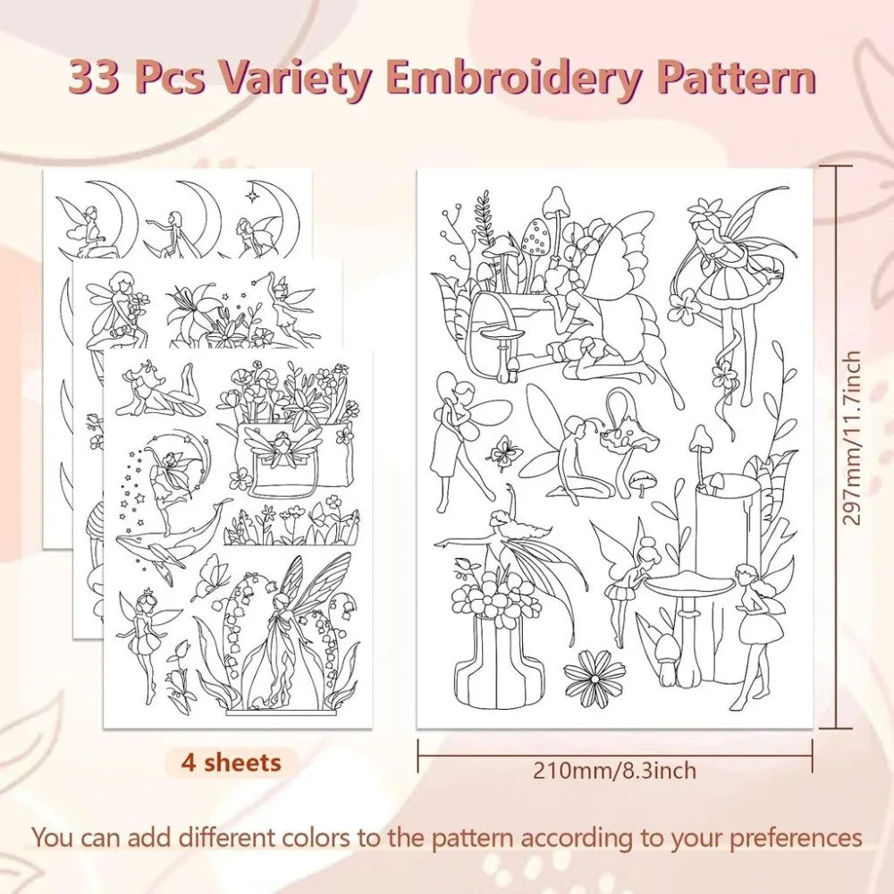 Water Soluble Embroidery Patterns – 4 Sheets & 33 Fairy Designs