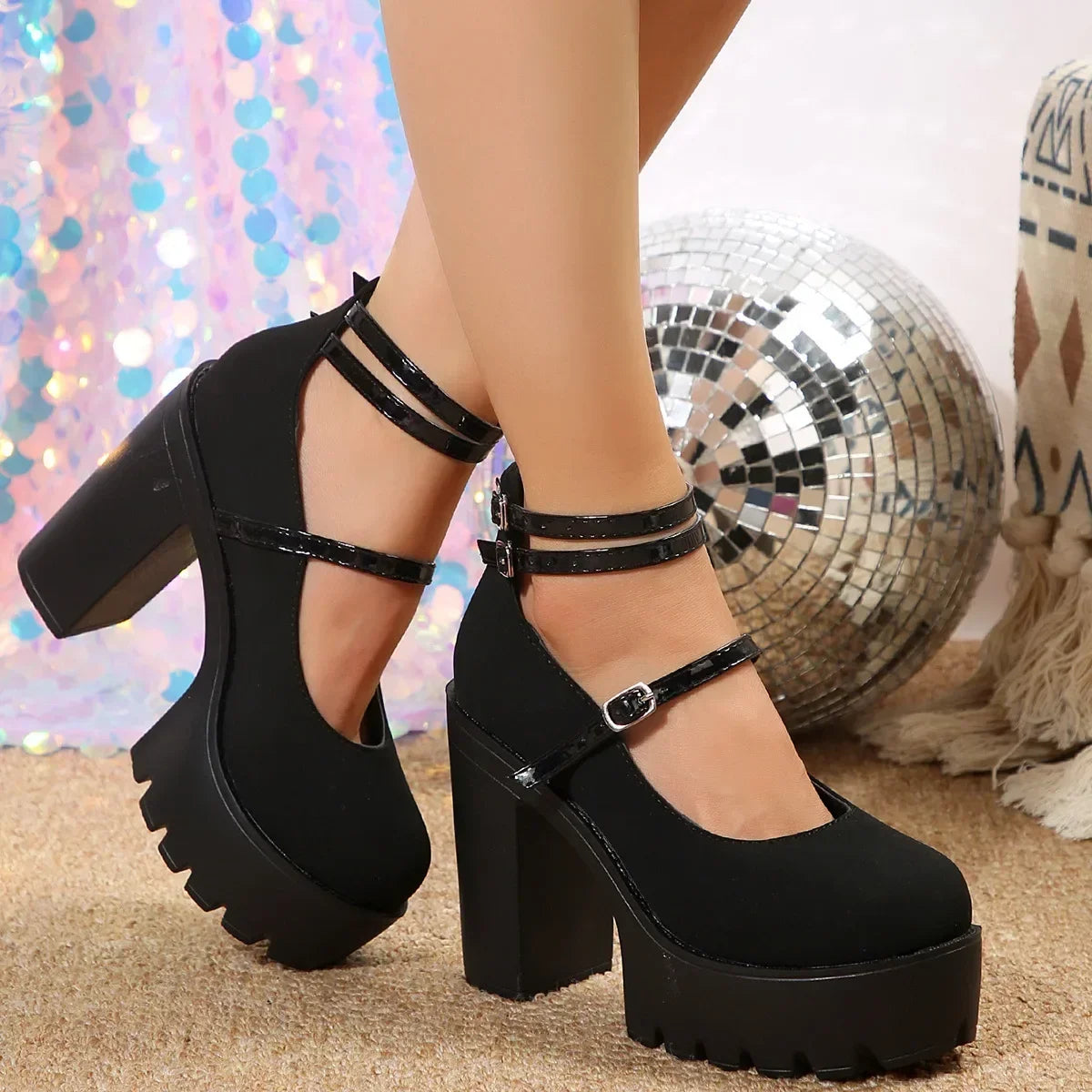 Women's Chunky Square Heel Platform Pumps with Ankle Strap