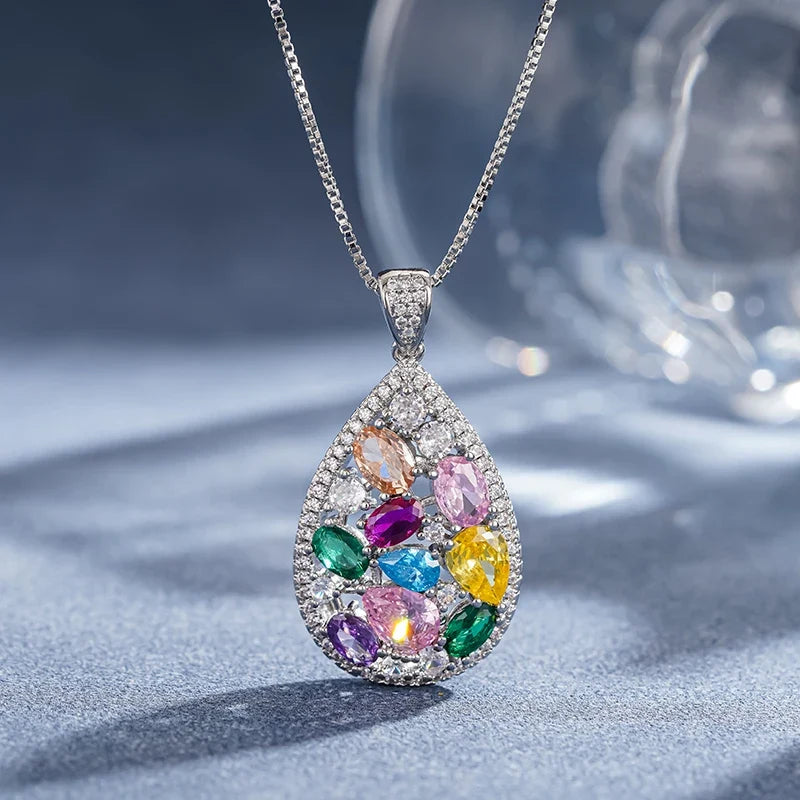 Huitan Pear Pendant Necklace – Colorful Cubic Zirconia Silver