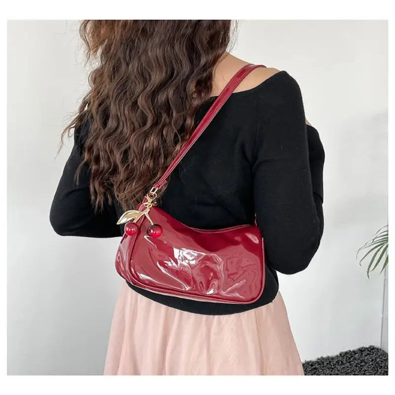 Women's PU Leather Shoulder Bag with Cherry Pendant