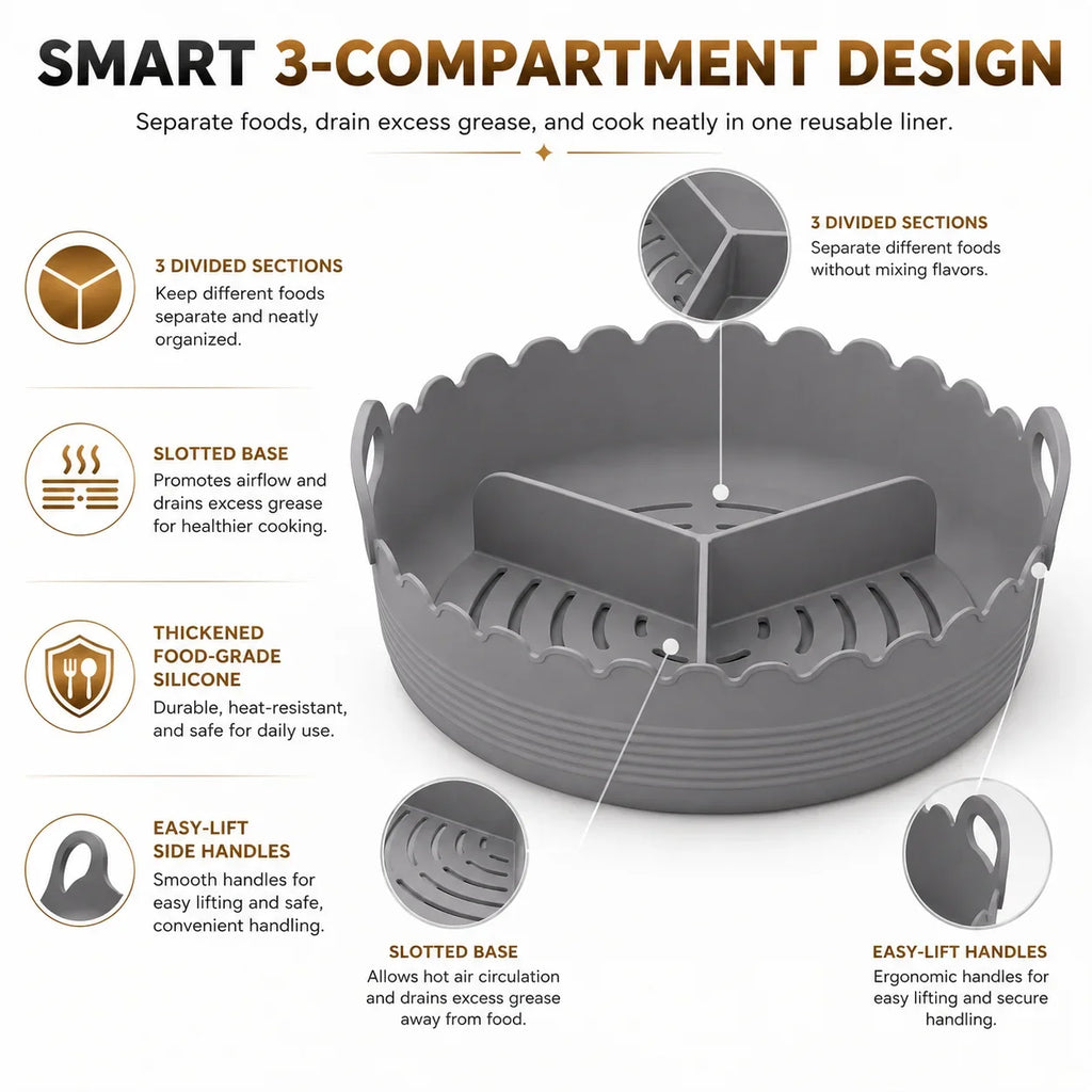 Silicone Air Fryer Liner – 3-Compartment Divider & Grease Filter