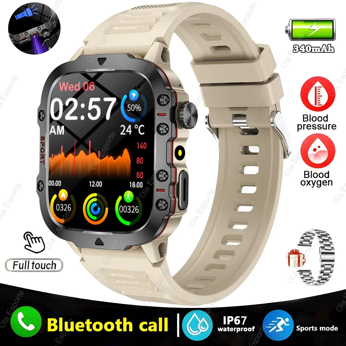 Military GPS Smartwatch LED Flashlight Bluetooth IP68 Waterproof