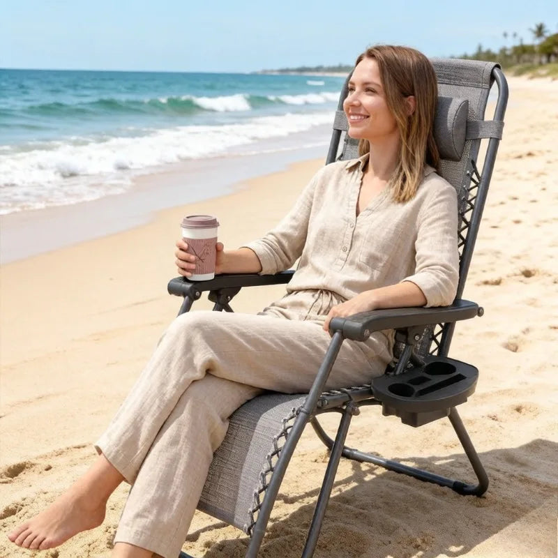 Folding Outdoor Lounge Chair with Cup Holder & Headrest