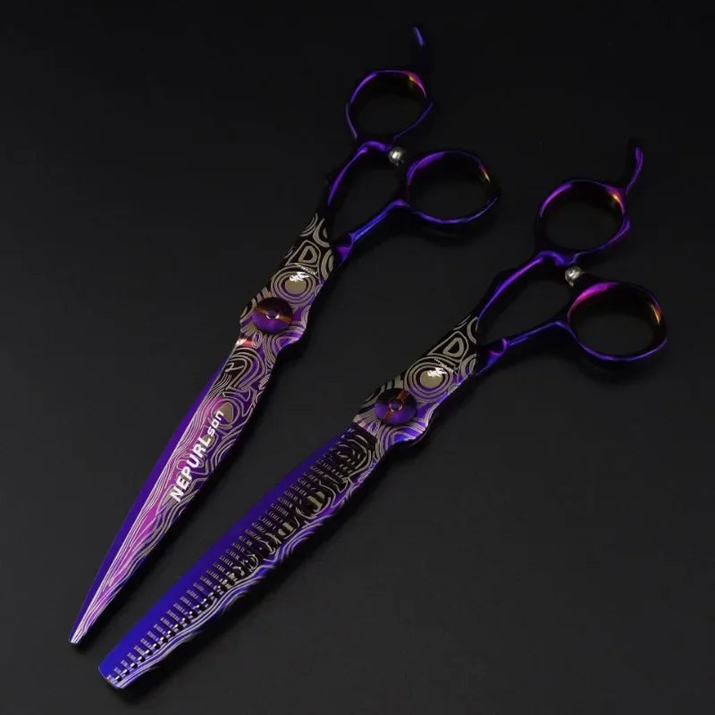 7-Inch Purple Damascus Hair Thinning Shears | Pro Barber Scissors