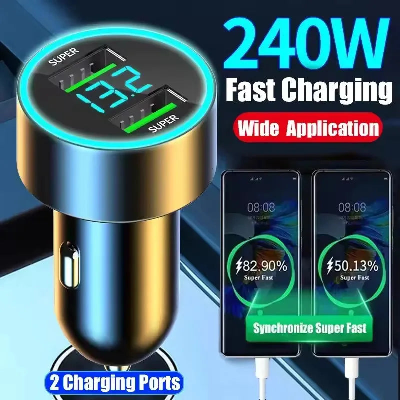 240W 2-Port USB Car Charger Fast Charging with Digital Display