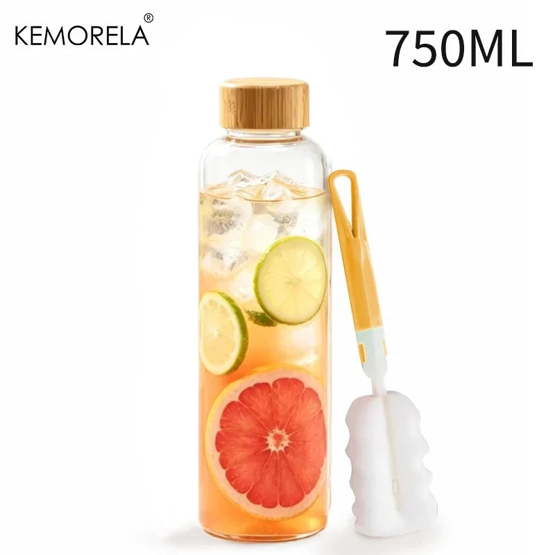 Glass Water Bottle Wooden Lid 500/750/1000ml + Cleaning Brush