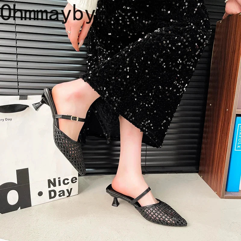 Women's Hollow Weave High Heel Mules – Square Heel Dress Slides