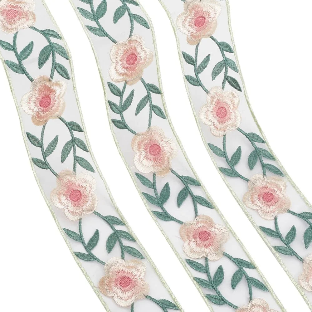 White Organza Embroidery Flower Trim Ribbon 5 Yards 49mm