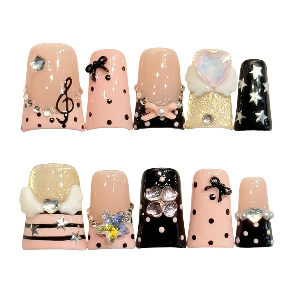 Handmade Short Duck Beak False Nails Pink Black Polka Dot Music Notes