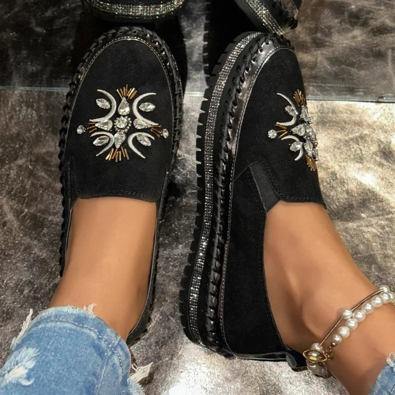 Rhinestone Bow Loafers – Women's Thick Sole Flat Slip-On Shoes