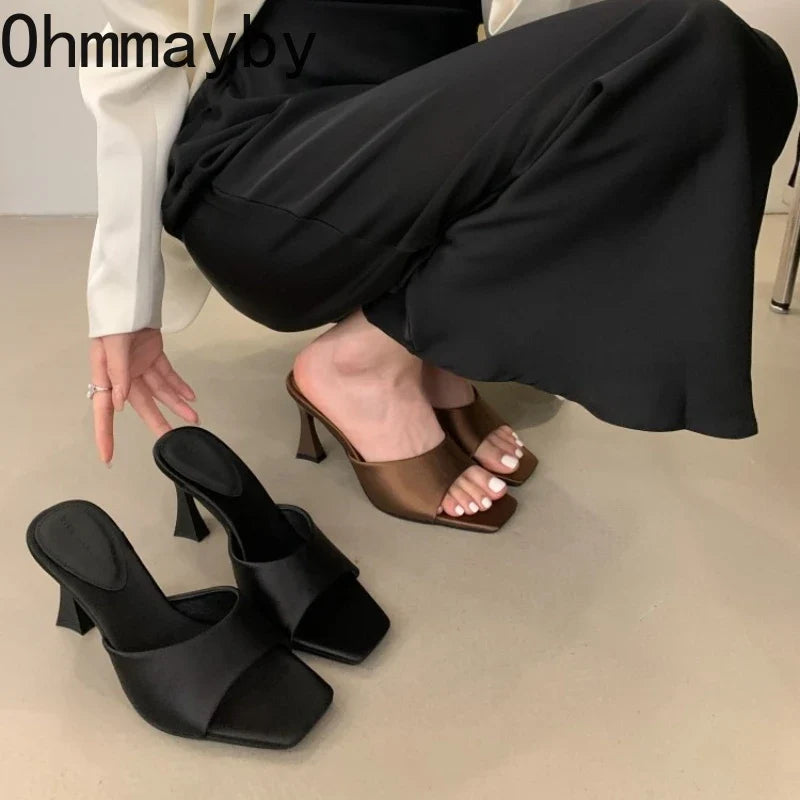 Women's Square Heel Open Toe Slide Sandals | Summer Mules