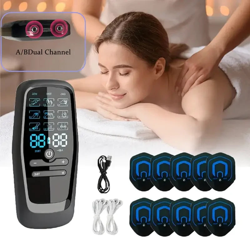 Dual-Channel EMS Muscle Stimulator with 10 Electrode Pads