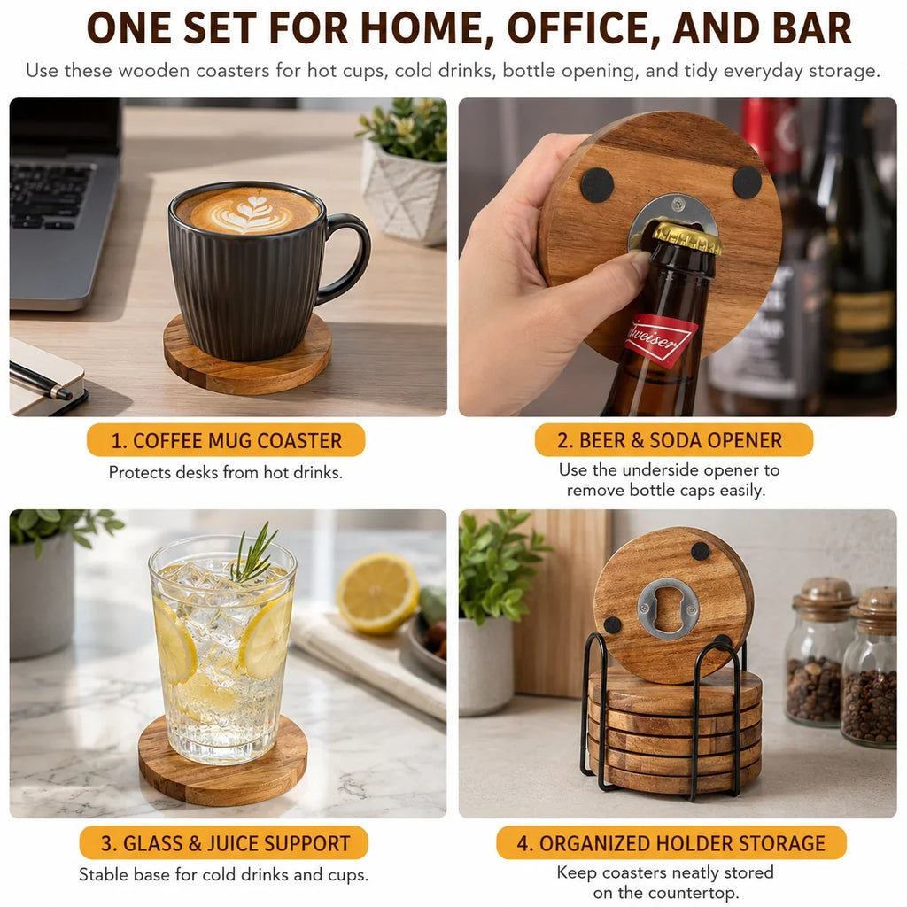 Wooden Coaster with Bottle Opener 2-in-1 | 6 or 8 Pack