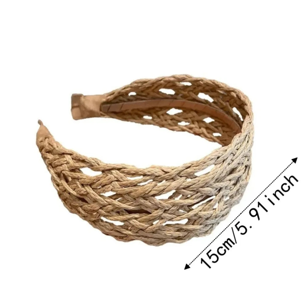Hollow-Out Woven Straw Headband – Wide Hair Hoop for Women