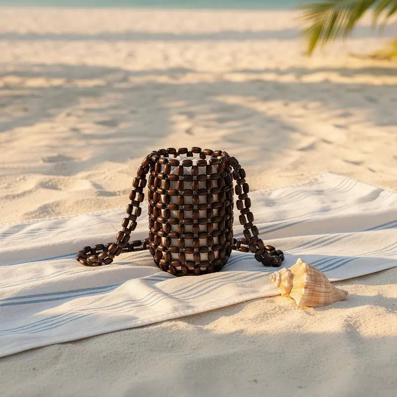 Handmade Wood Bead Mini Bucket Bag – Boho Wrist Purse